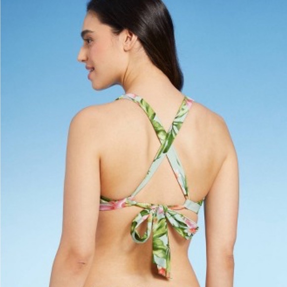 Kona Sol Light Green Tropical Bikini Top Crisscross Back S(4-6) - Picture 2 of 8